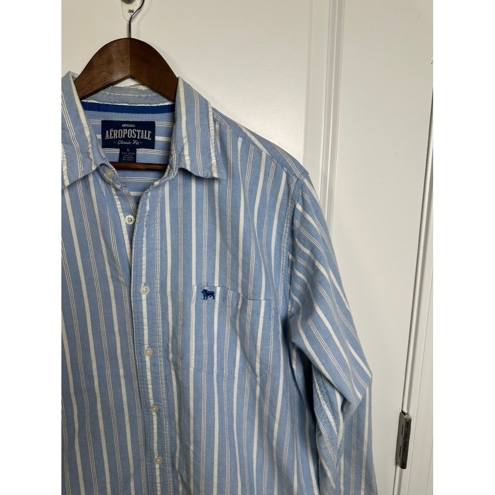 Aeropostale Mens Blue White Striped Long Sleeve Button Down Shirt Classic Fit L